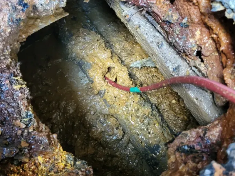 충주 찌꺼기가 둘러붙은 관 속으로 스프링이 들어간 모습